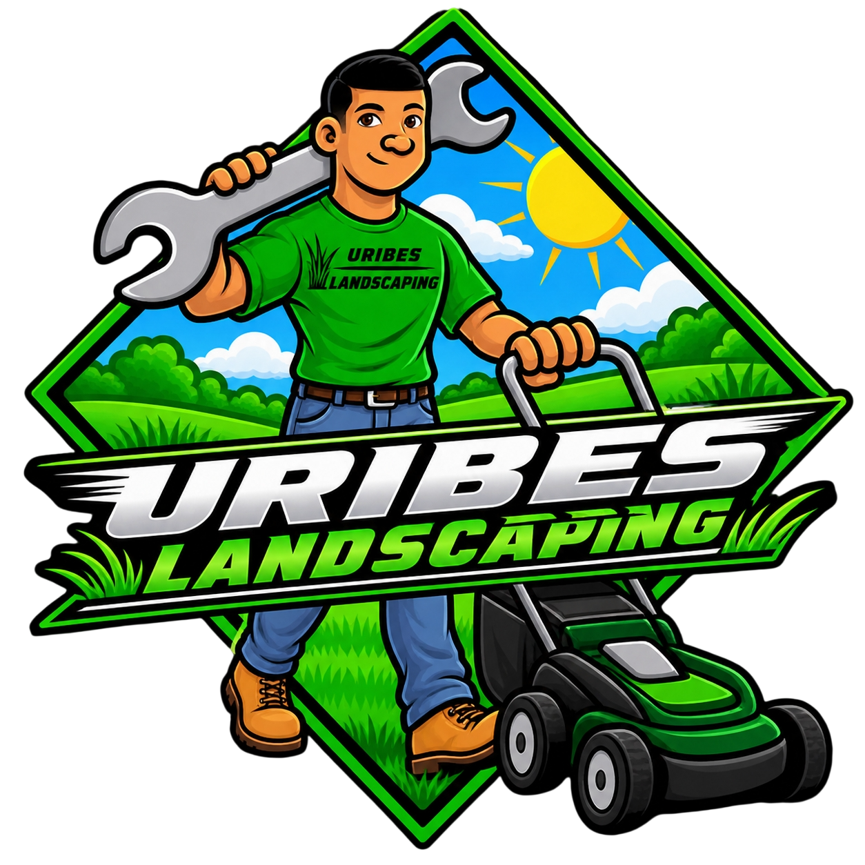 A person holding a wrench and lawnmower in front of a blue sky and grass. Uribes Landscaping text.
