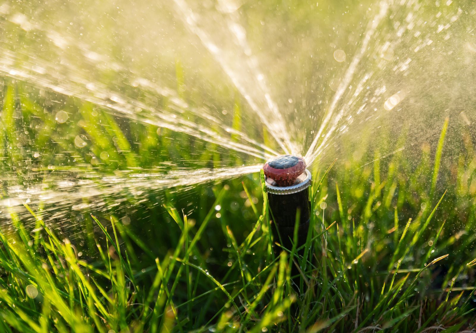 Sprinkler spraying water onto green grass.