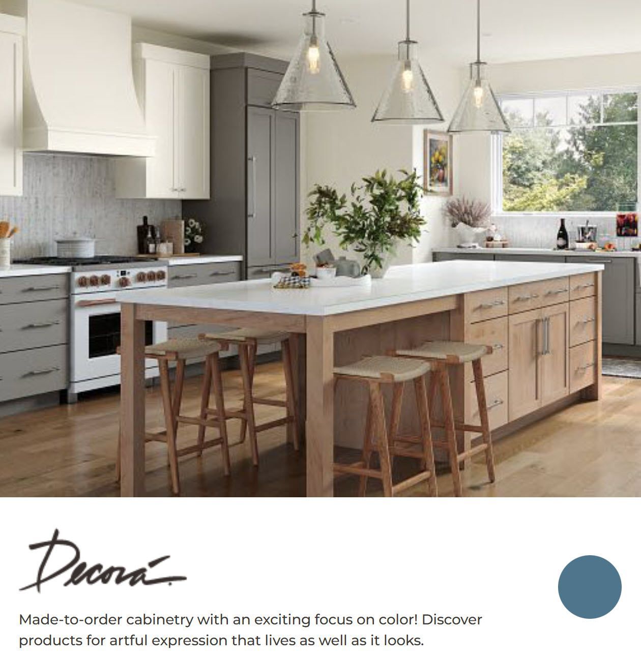 Bright modern kitchen with white cabinets, wood island, stools, and pendant lights