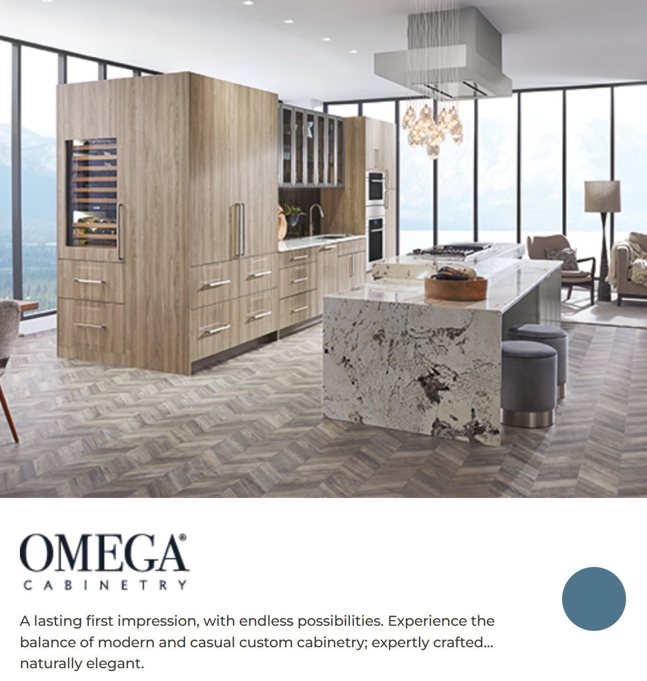 Luxury modern kitchen with light wood cabinetry, marble island, and city view windows
