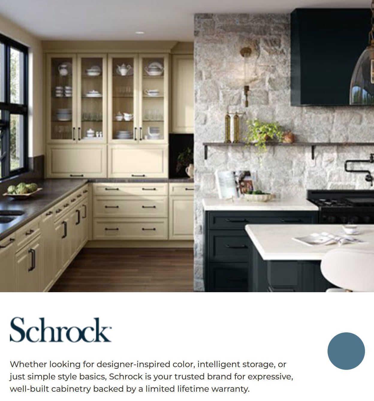 Modern kitchen with stone backsplash, cream cabinets, and black island beneath a Schrock logo.
