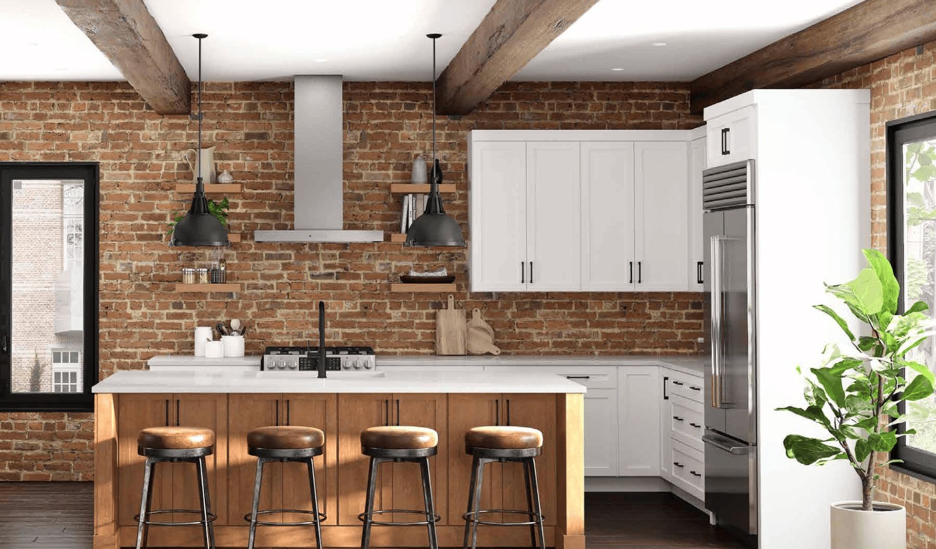 Modern kitchen with exposed brick wall, wood island, stools, white cabinets, and stainless steel hood