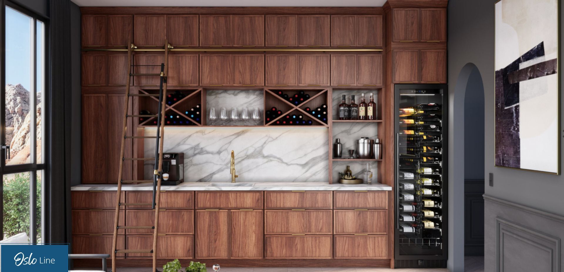 Built-in wooden bar cabinet with marble backsplash, wine racks, and shelves in a stylish interior