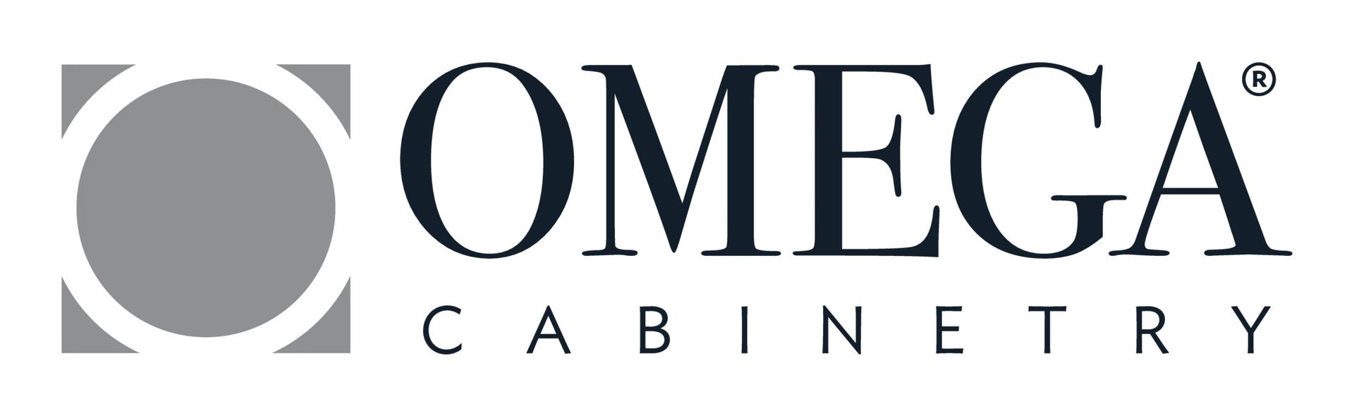 Omega Cabinetry logo with gray circular icon and black uppercase text on a white background