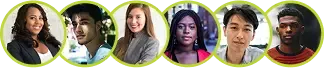 Seis jovens adultos diversos em círculos verdes, sorrindo para a câmera.