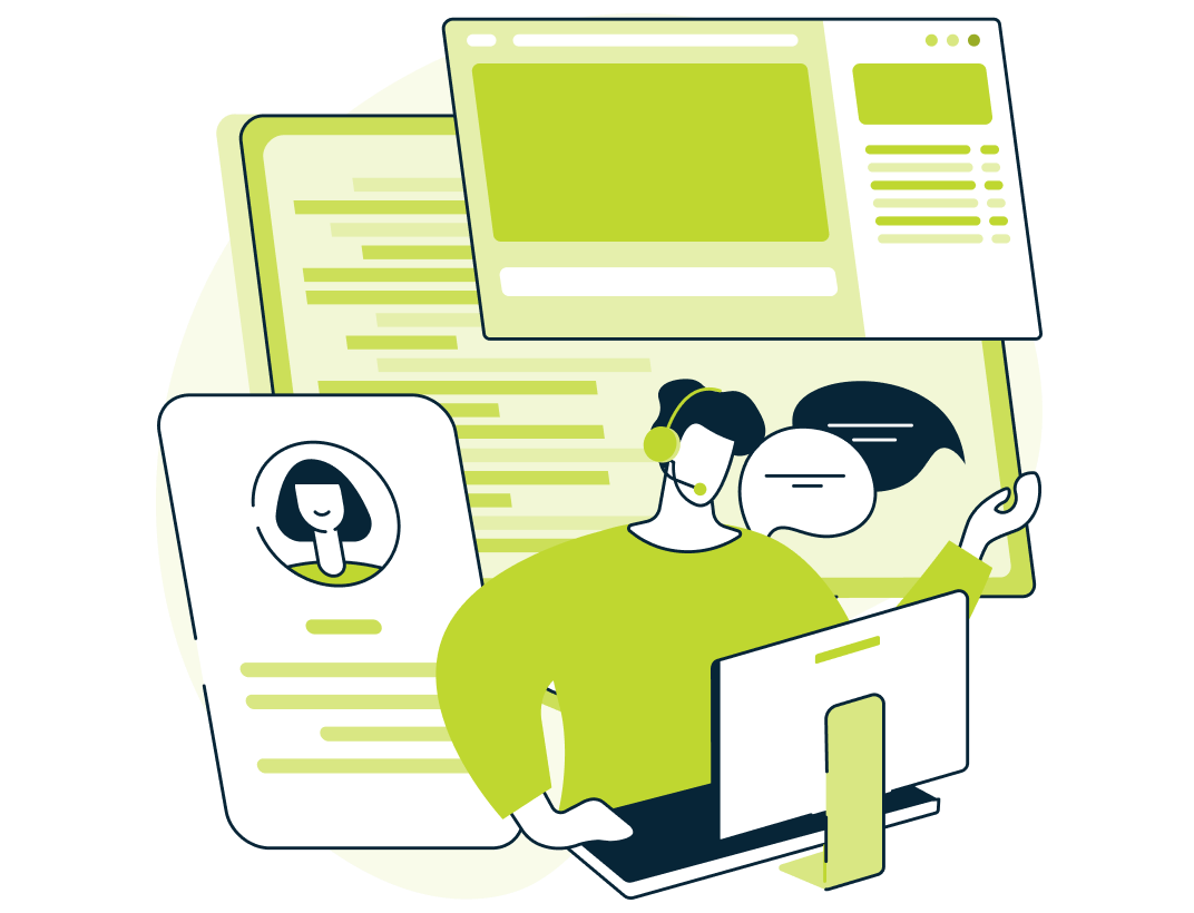 Representante de atendimento ao cliente em um computador com telas e documentos em uma ilustração verde e branca.