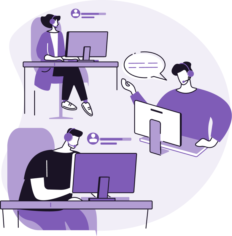 Ilustração de três pessoas usando fones de ouvido, trabalhando em computadores, em um ambiente roxo claro.