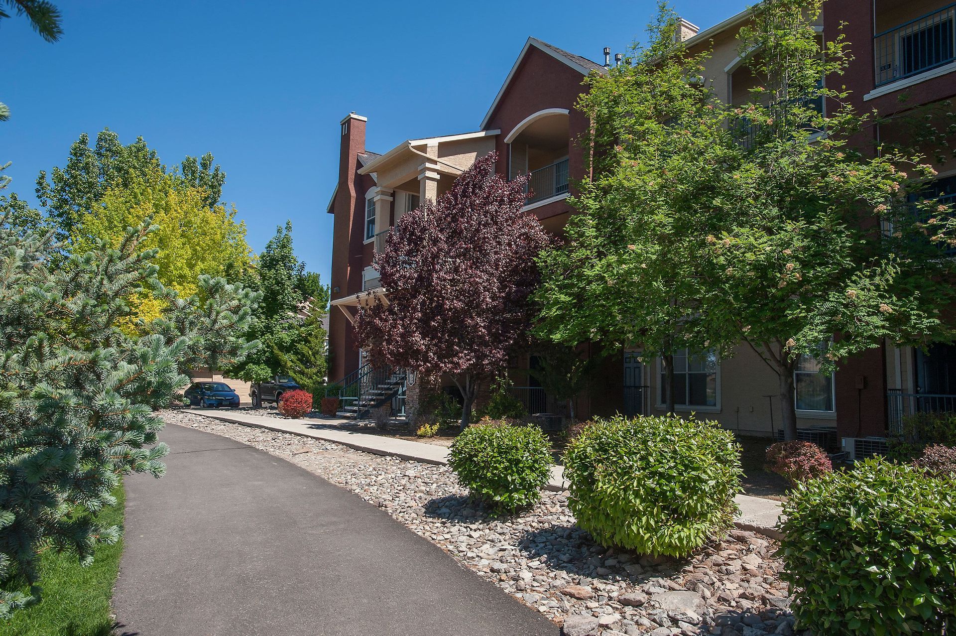 Exterior view of a multi-family apartment building with a landscaped walkway and trees.