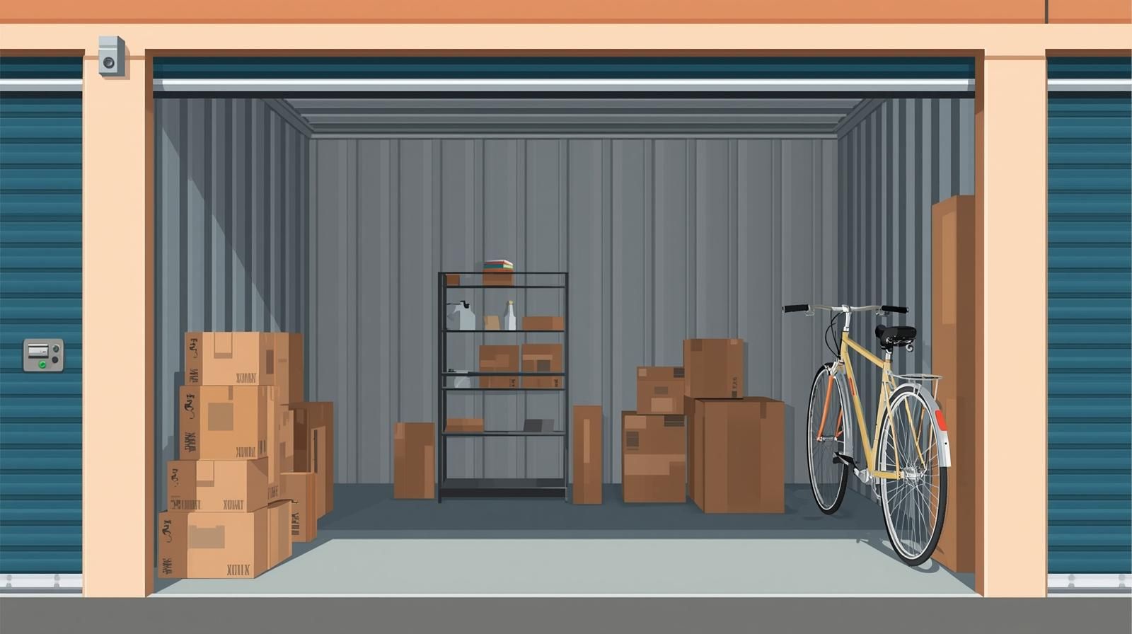 10x10 storage unit with boxes, shelving, and bicycle inside