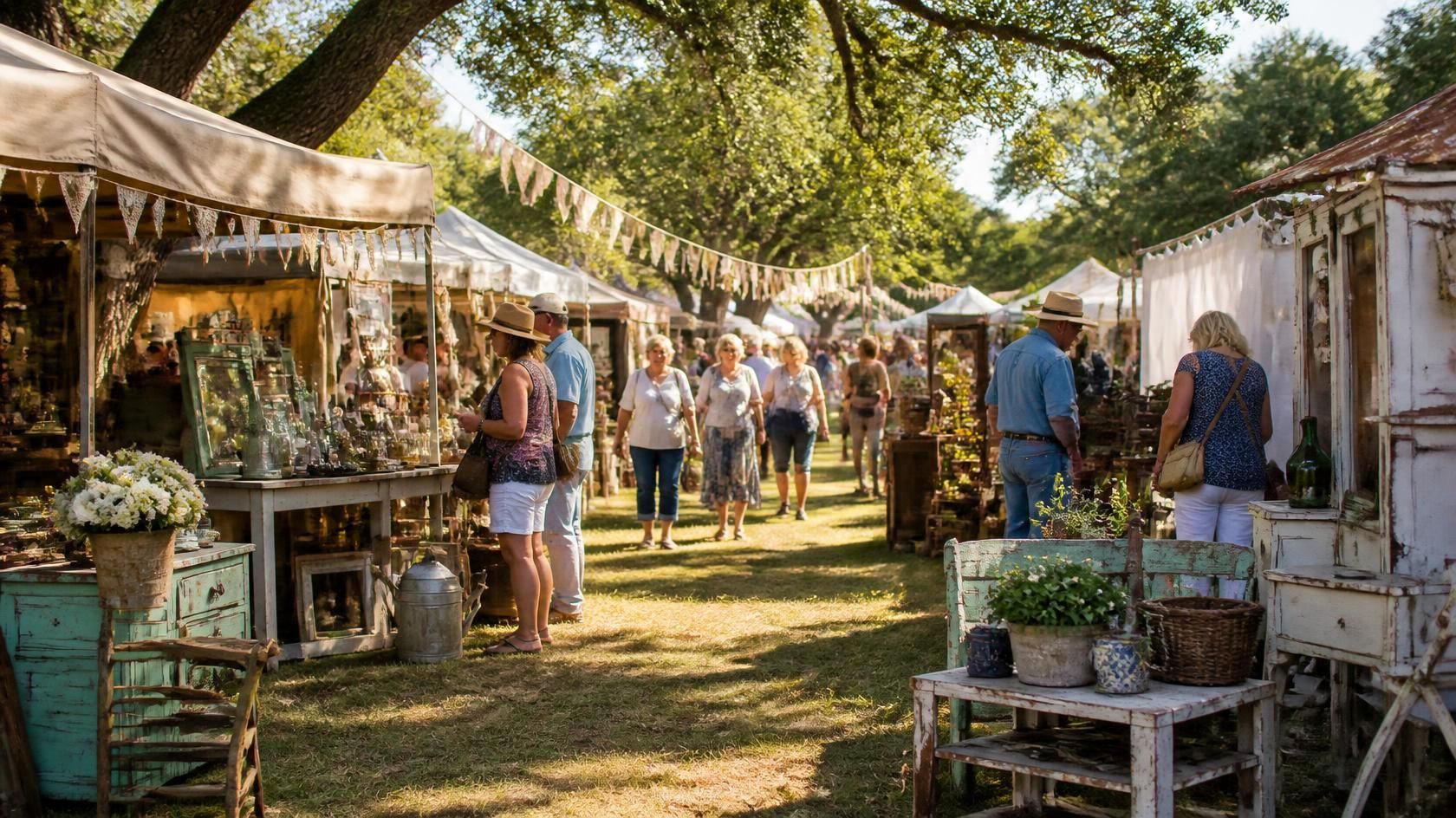 Round Top Antiques Fair with outdoor vendors, vintage furniture, antiques, and shoppers