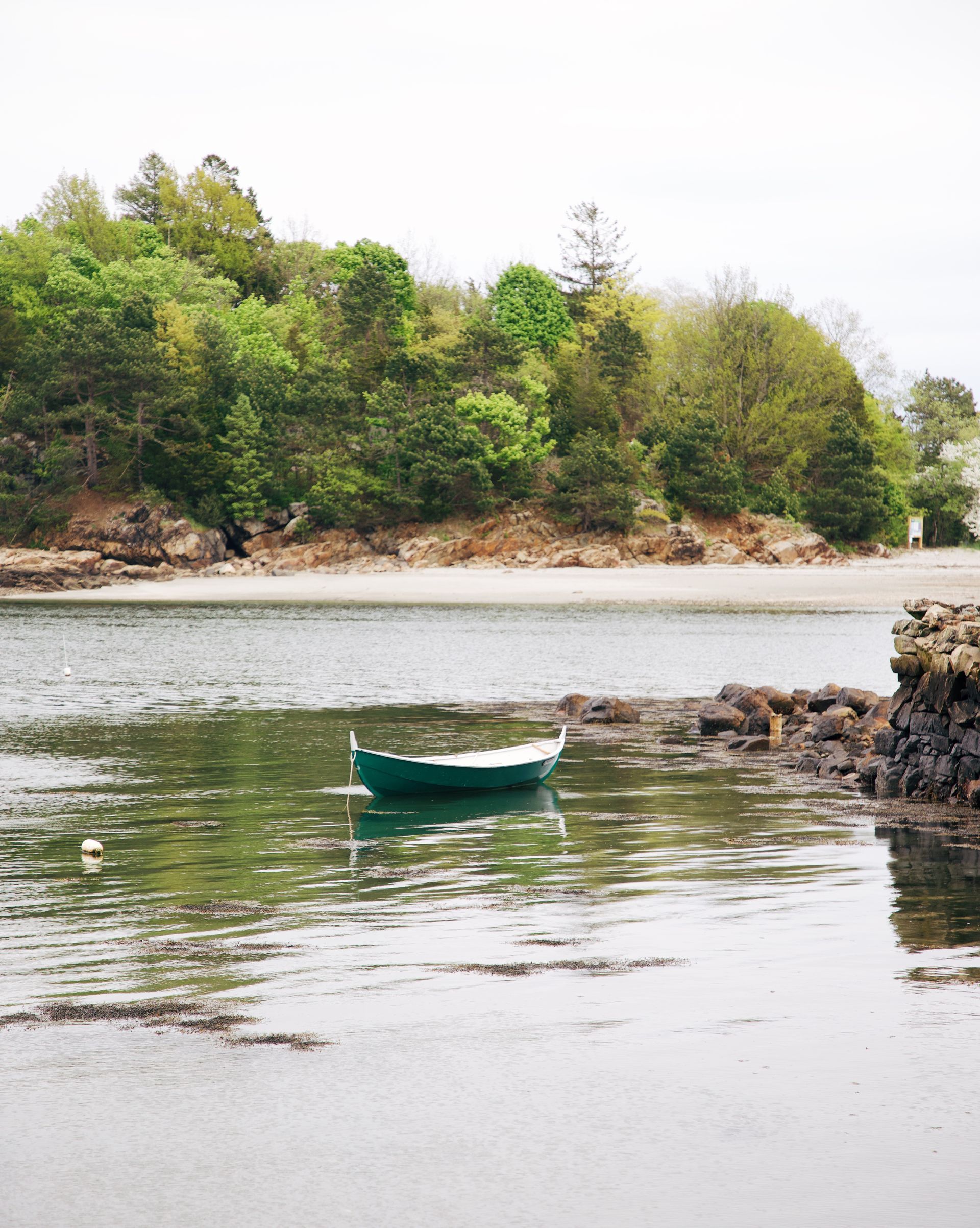 A small green rowboat floats on calm, reflective water near a rocky shoreline and a lush, tree-covered hillside.