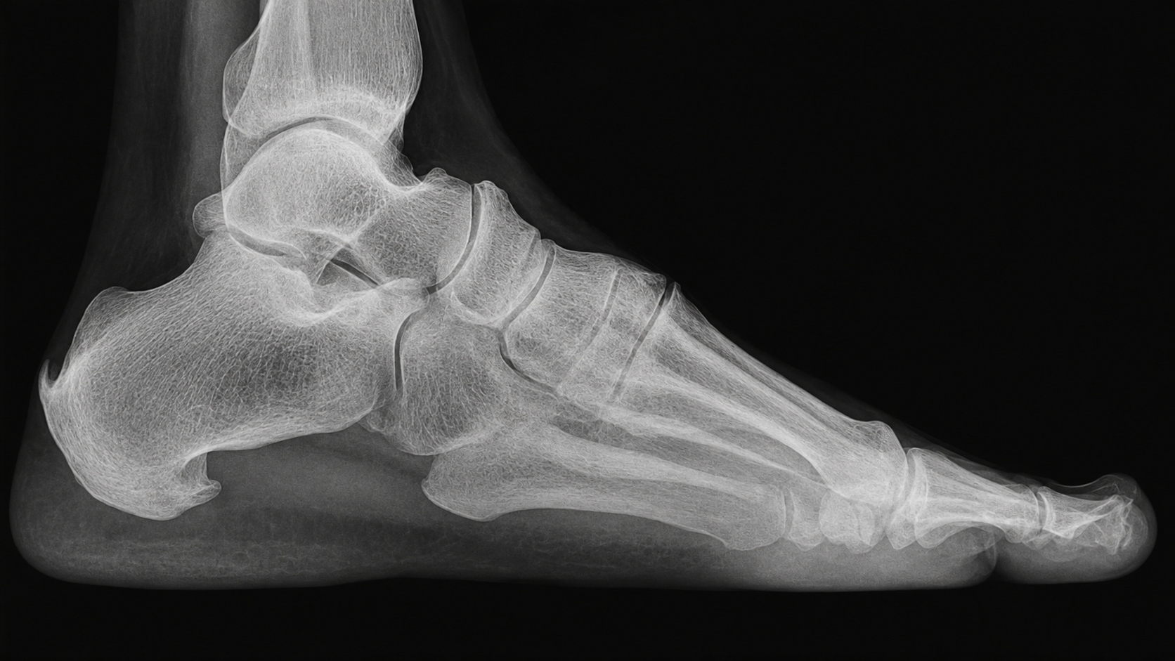 Radiografia lateral do pé esquerdo com carga, mostrando as estruturas ósseas do tornozelo, retropé, mediopé e antepé em um pé cavo varo
– Dr. Vinícius Bertelli,  Ortopedista em Ribeirão Preto