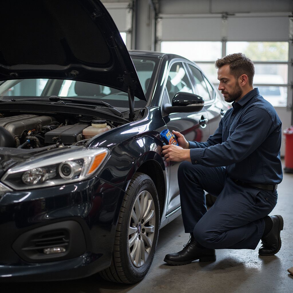 Mechanic in blue uniform examines a black car in a garage, hood open.