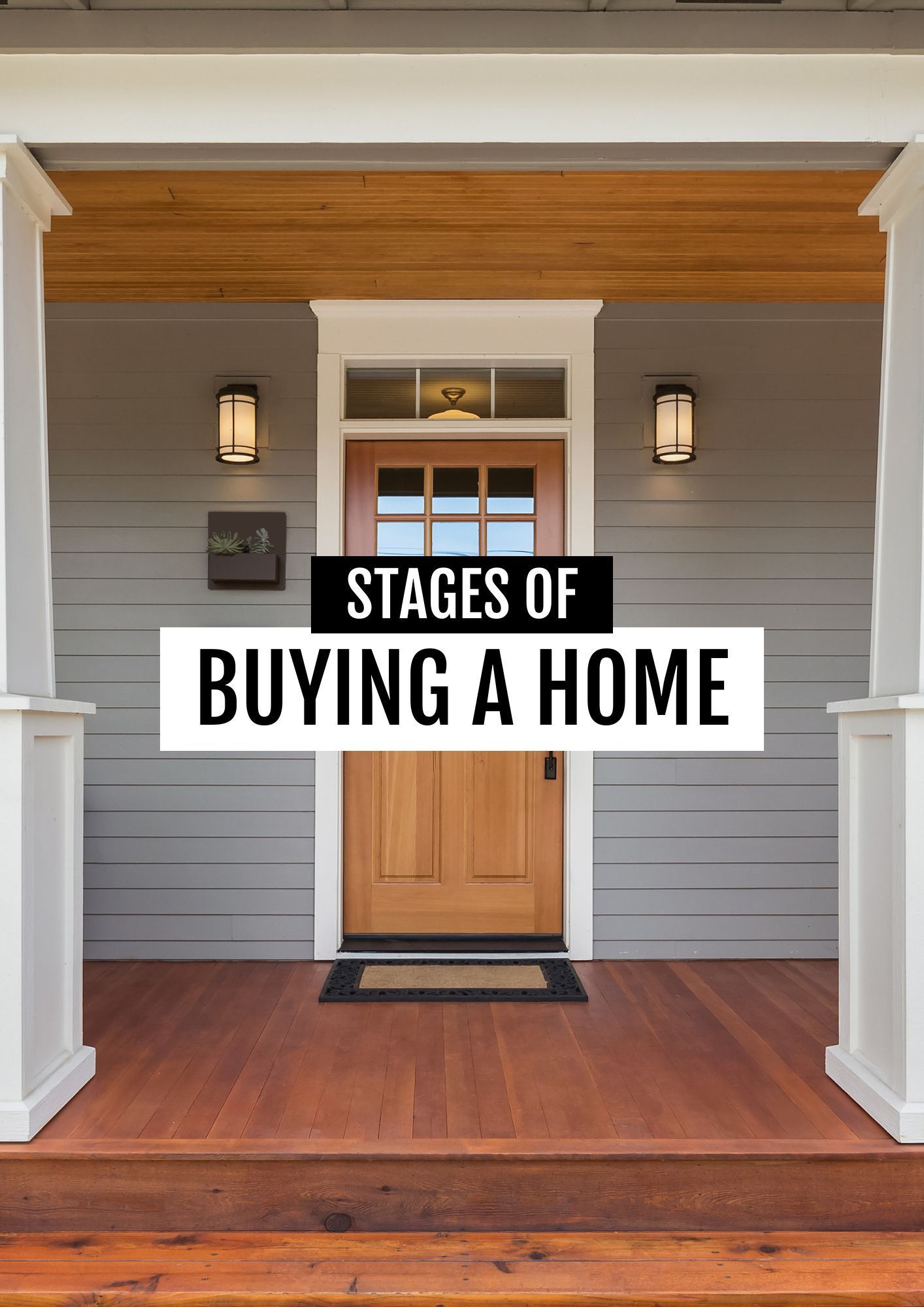 Front porch with text overlay: “Stages of Buying a Home”