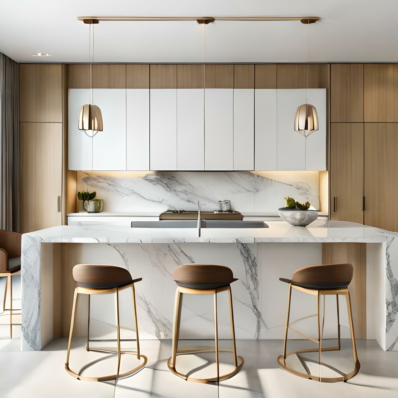 Modern kitchen with white marble island, three brown bar stools, wood cabinetry, and pendant lights