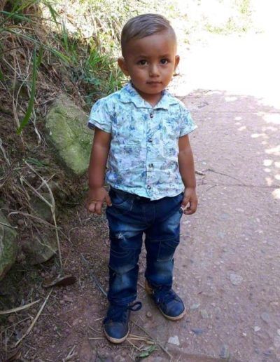 Young child standing on a sunlit outdoor path beside greenery, wearing a patterned shirt and jeans.