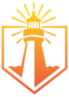 Yellow and orange lighthouse icon within a shield, radiating light.