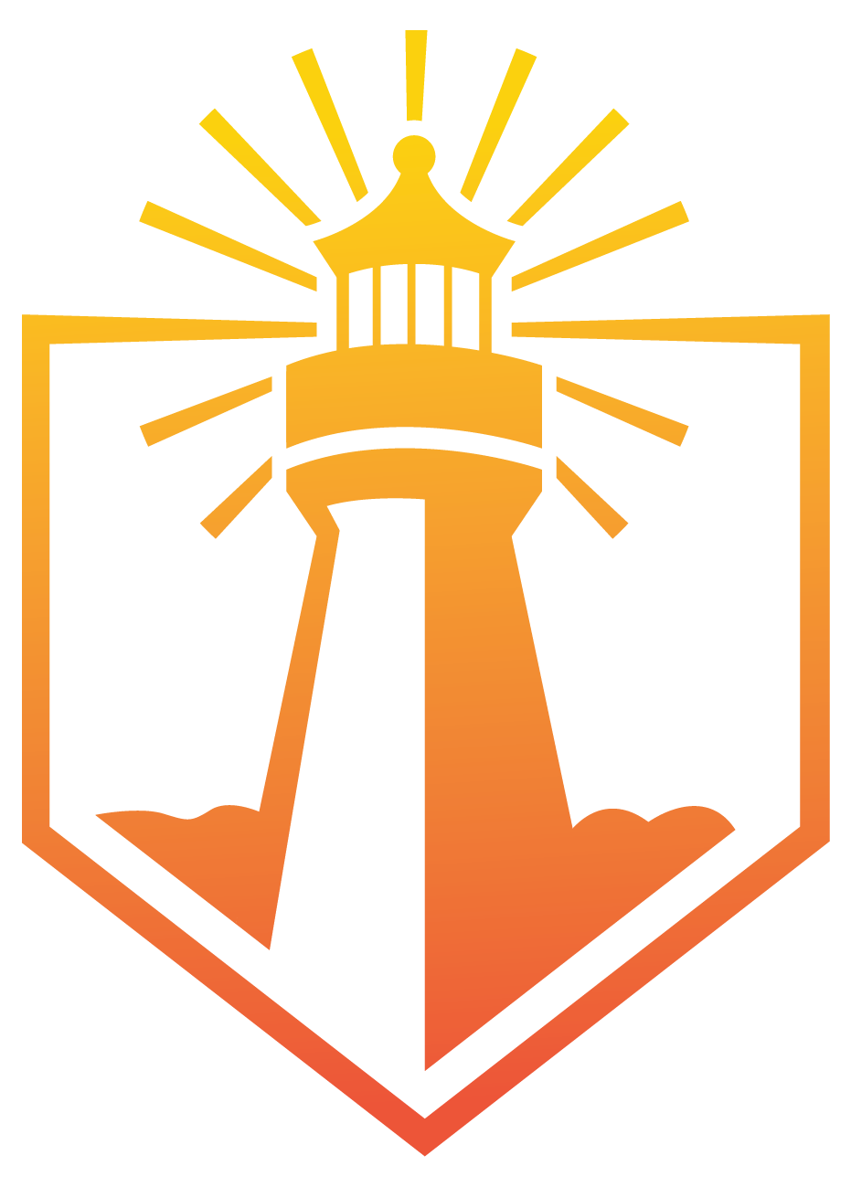 Yellow and orange lighthouse icon within a shield, radiating light.