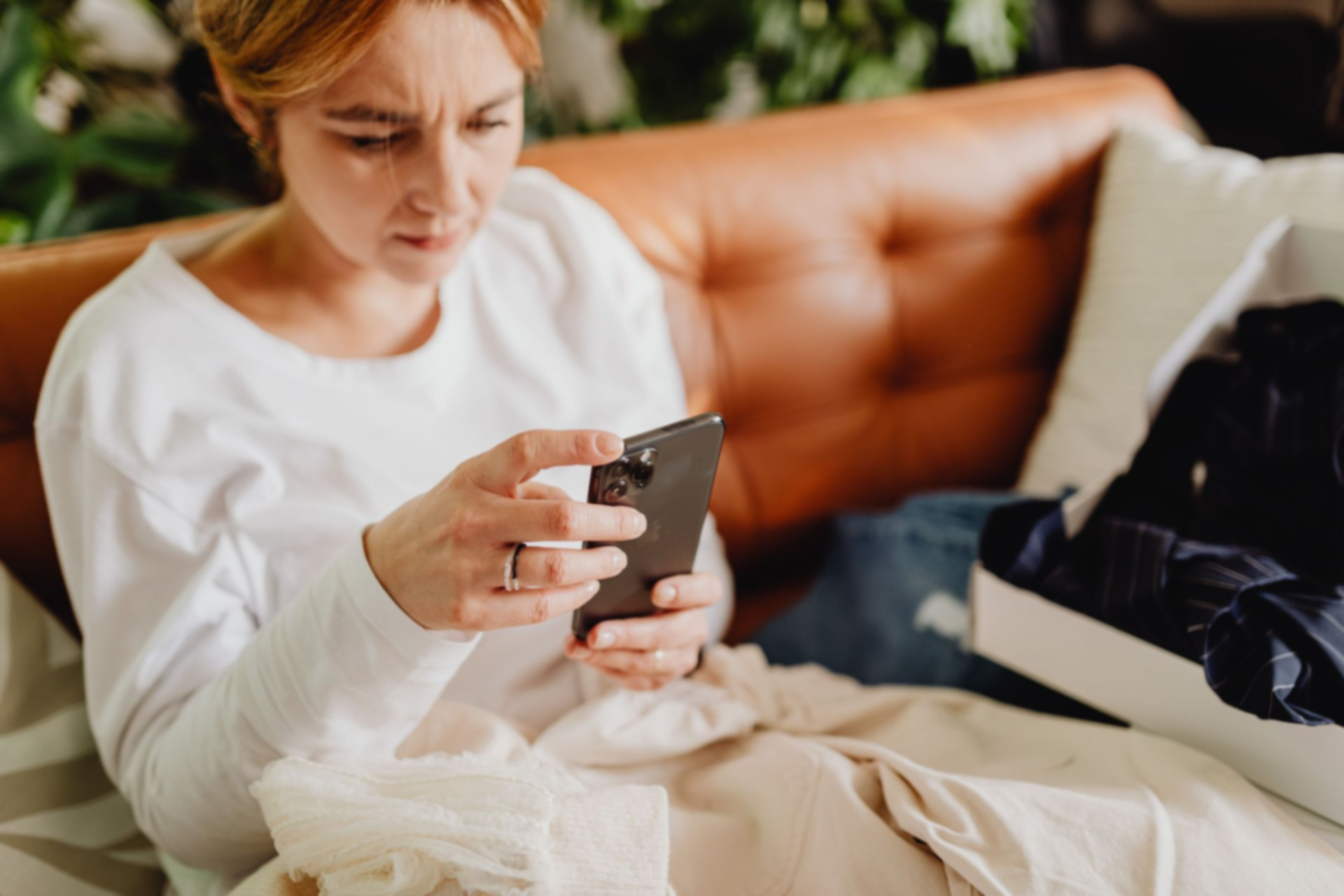 Person sitting on a bed, looking at a smartphone in a warm-lit bedroom