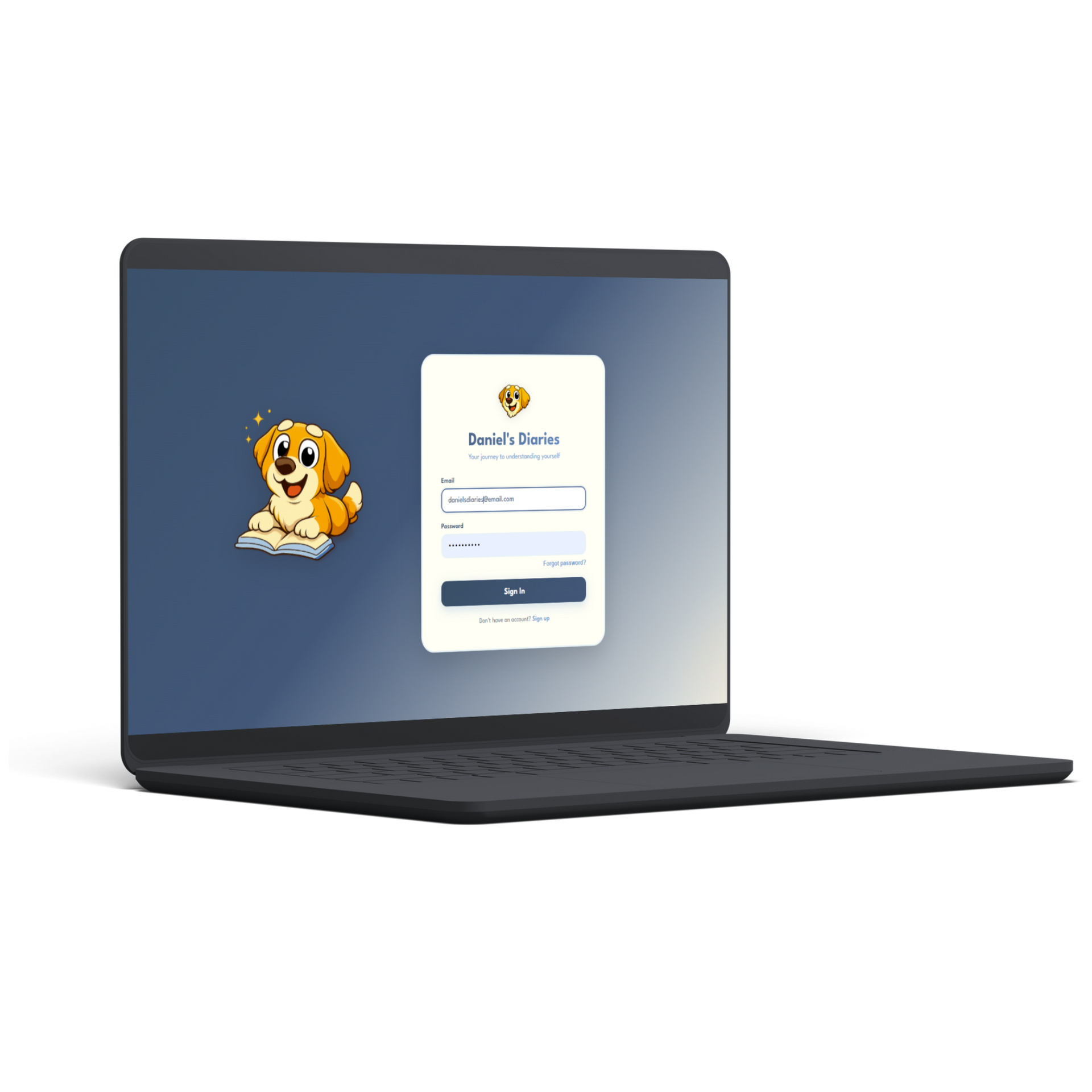Laptop showing a dark-blue login screen with a puppy logo and a centered sign-in form.