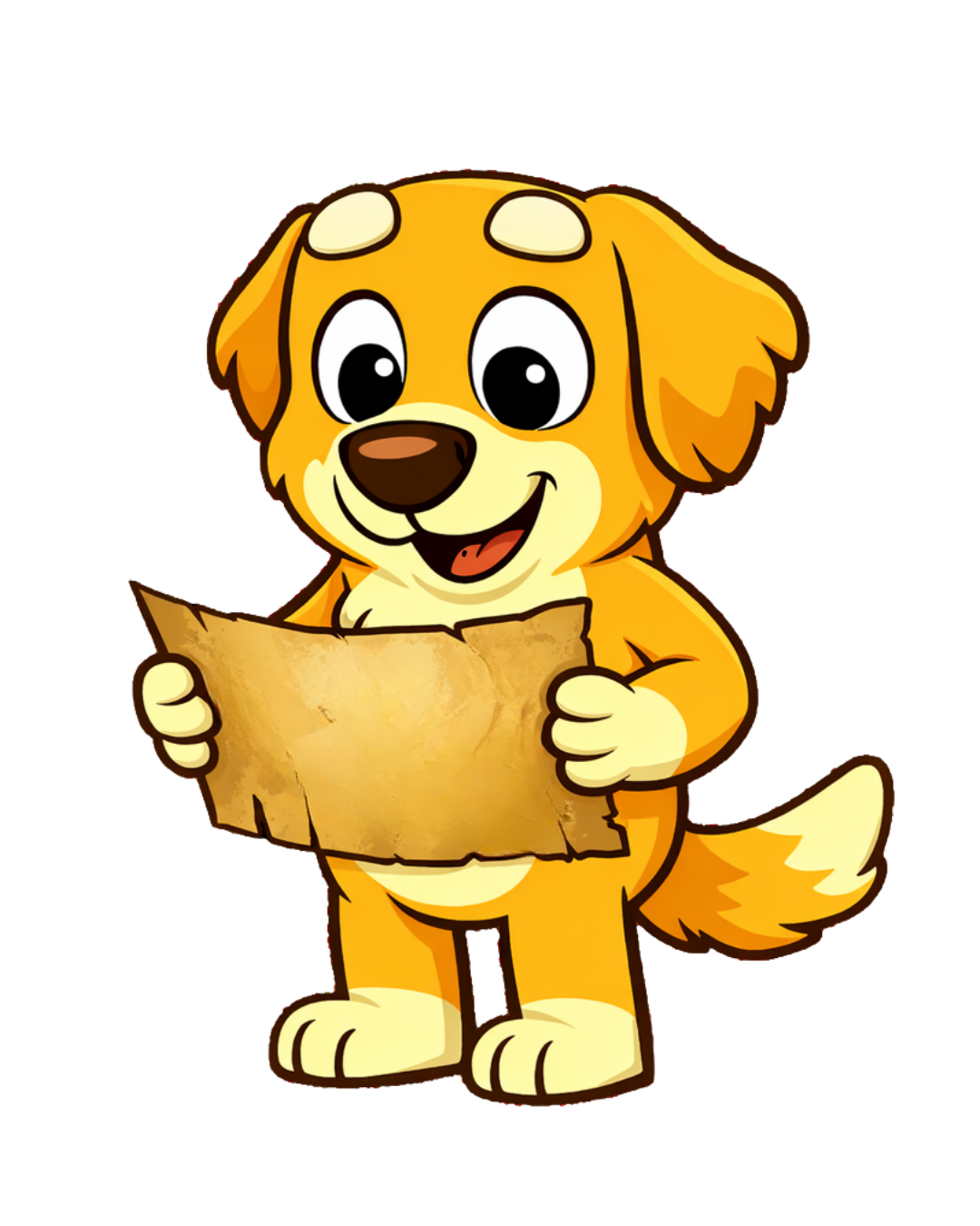 Cartoon golden puppy holding a torn map, smiling with a wagging tail
