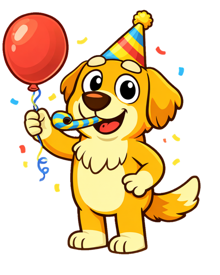Cartoon puppy in a party hat holding a red balloon and blowing a noisemaker, smiling confetti around it