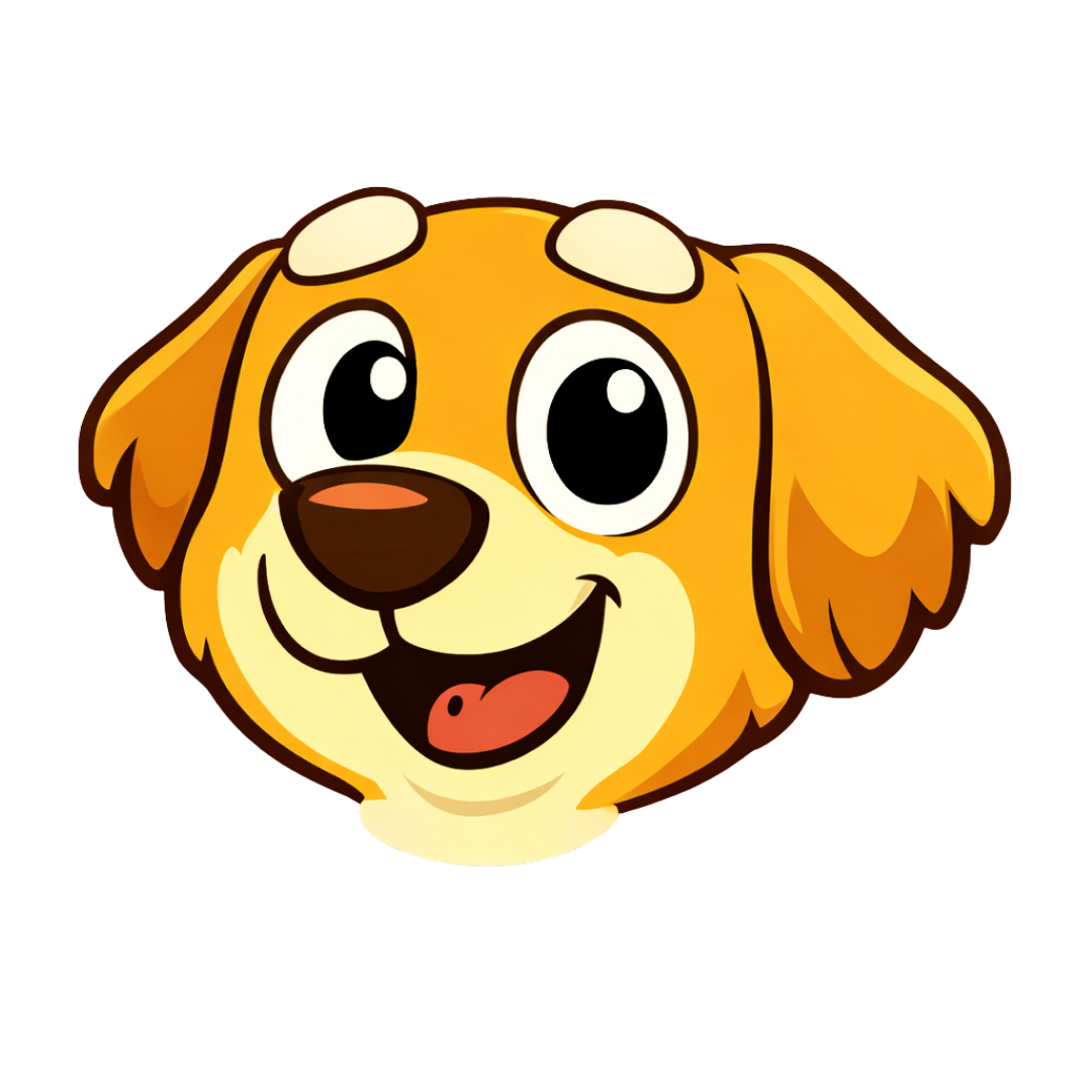 Cartoon golden dog face with big eyes, floppy ears, and a happy smile