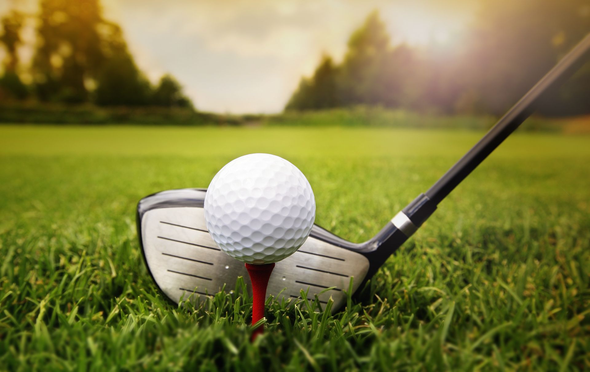 Golf ball on a red tee, positioned behind a driver club on green grass, with trees in the background.