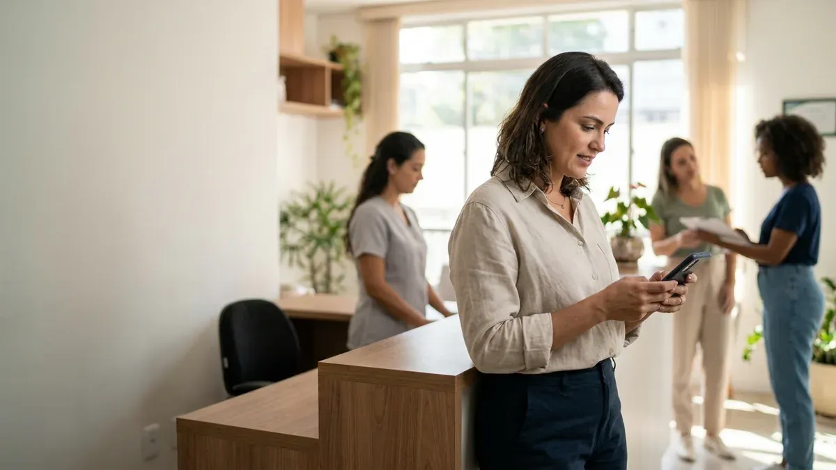 Profissional acompanhando uma conversa comercial pelo celular