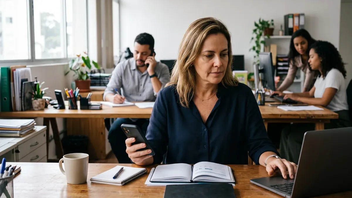Gestora analisando marketing, leads e resultados comerciais