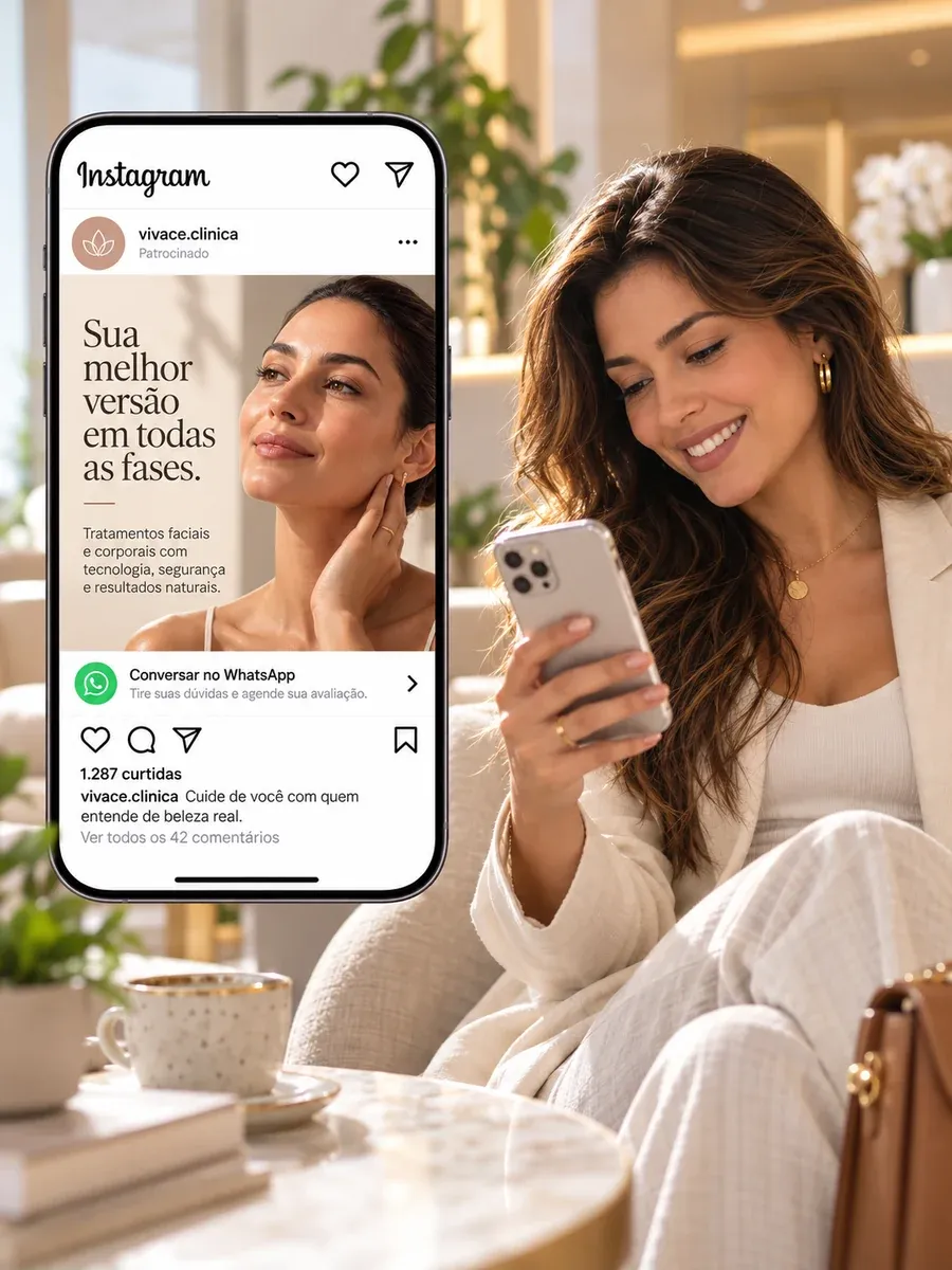 Anúncio de uma clínica no Instagram que leva a uma conversa no WhatsApp