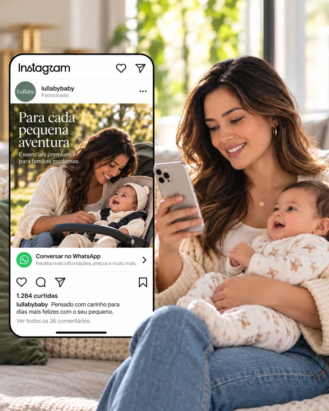 Pessoa usando o celular com um anúncio do Instagram que leva a uma conversa no WhatsApp