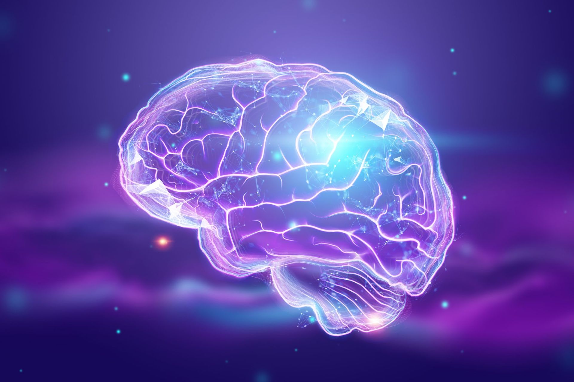 Una imagen generada por computadora de un cerebro brillante sobre un fondo violeta.