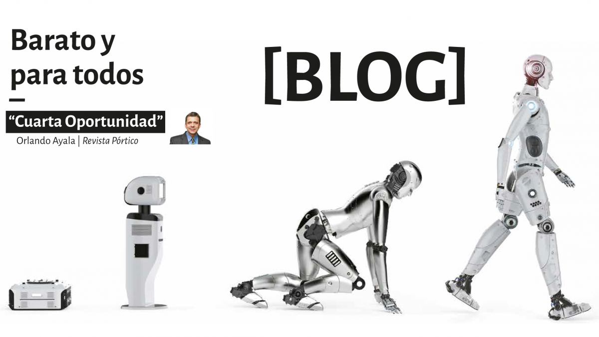 Un robot se arrastra y camina sobre un fondo blanco.
