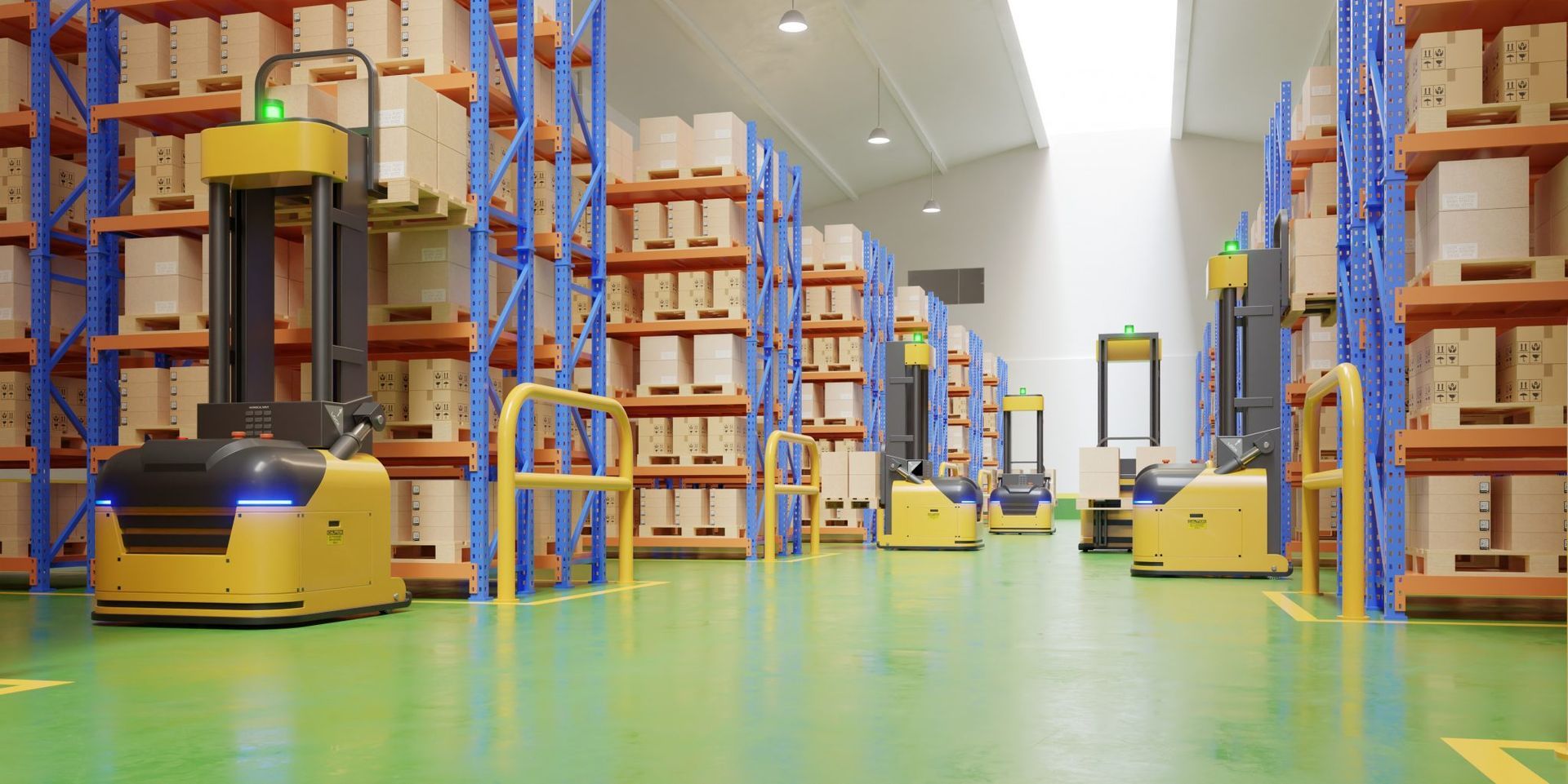 Un almacén lleno de muchas cajas y camiones.