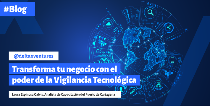A blue background with the words blog transforma tu negocio con el poder de la vigilancia tecnologica