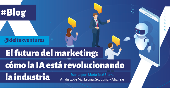Un cartel azul con un robot y las palabras el futuro del marketing.