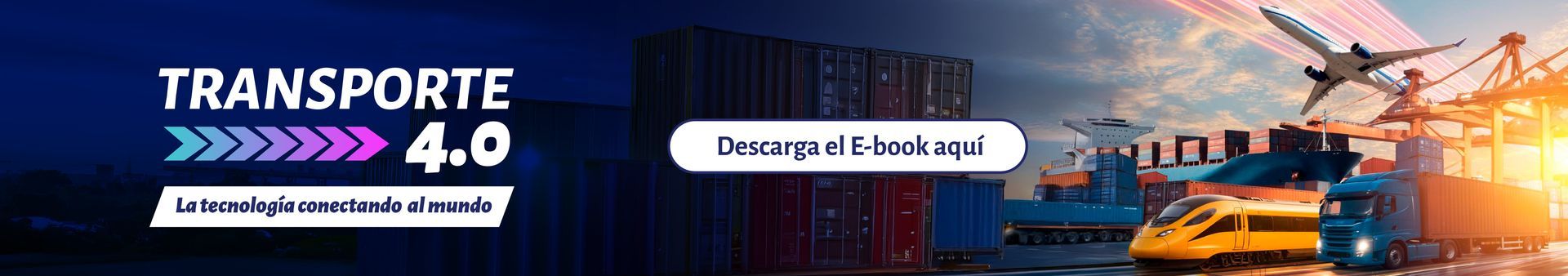 Una pancarta de transporte 4.0 con un avión sobrevolando una ciudad.