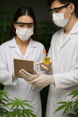 A man and a woman wearing masks and goggles are looking at a tablet.