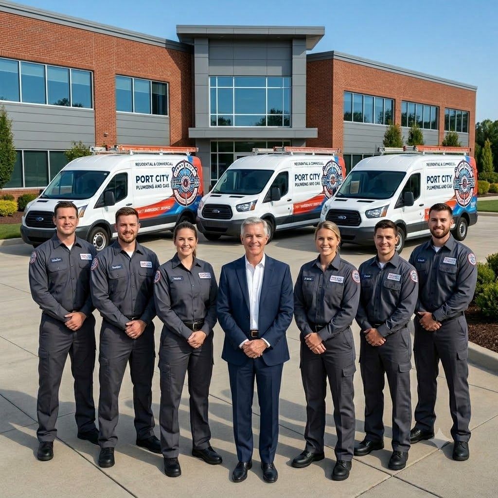 Seven uniformed staff stand before white service vans and a brick office building.