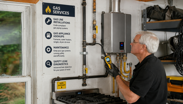 Technician inspecting a gas water heater and piping in a utility room with a service sign on the wall