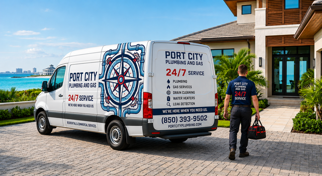 White utility van for pest control parked by a house, with a worker standing nearby by the waterfront