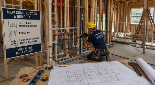 Construction worker drilling in a framed house interior beside plans and a chalkboard checklist.