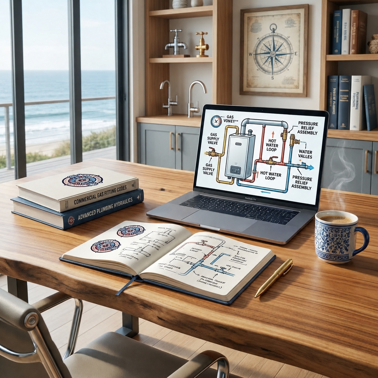 Cozy seaside desk with open notebook, laptop sketches, books, and coffee by a window overlooking the ocean