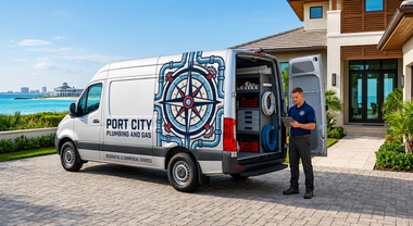 Port City moving van parked by waterfront home, with a worker standing beside the open back doors.
