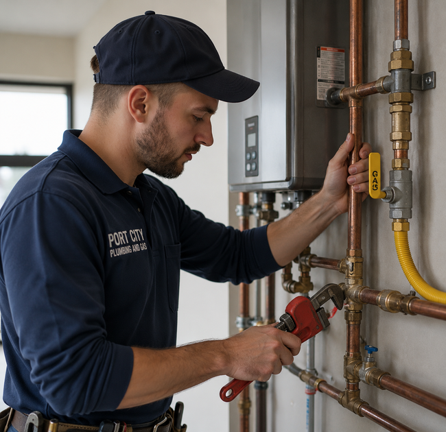 Plumber in navy uniform repairs copper pipes with a wrench beside a wall-mounted boiler.