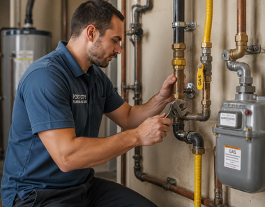 Technician inspecting gas meters and pipes in a utility room