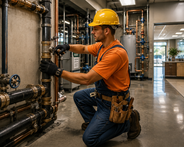 Worker in orange shirt and hard hat inspecting industrial pipes in a utility room