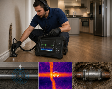 Technician uses a pipe inspection device to scan a floor, with cable and detection display visible.