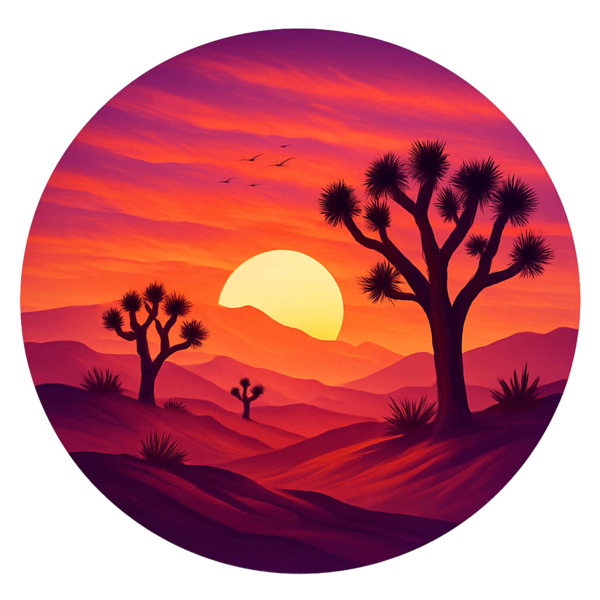 Sunset over a desert landscape with Joshua trees. Vibrant orange sky, rolling purple hills, and a large sun.